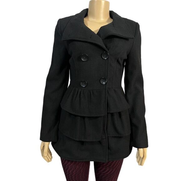 2B by Bebe Long Sleeve Tiered Coat Peacoat with Ruffles Black Small NWT - Picture 6 of 10